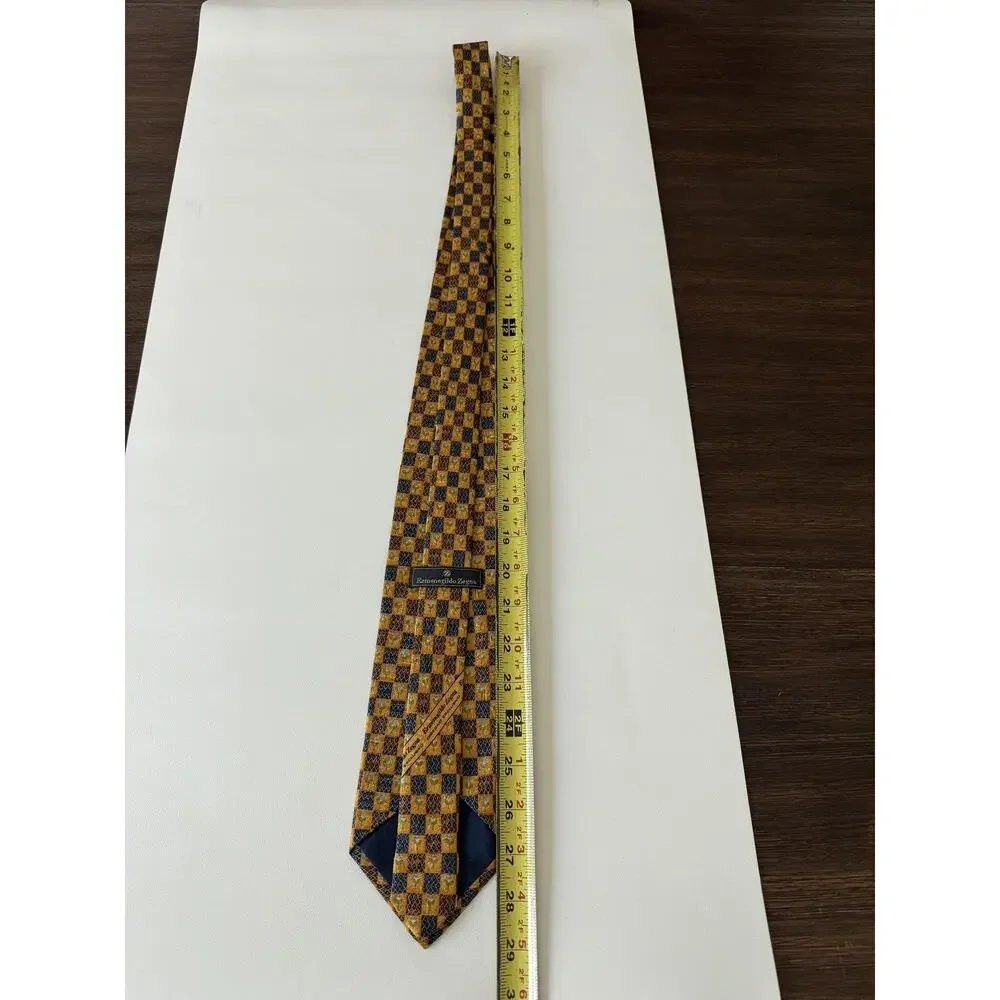 Ermenegildo Zegna Tie Mens Gold Floral Tile Print 100% Silk Made In Italy